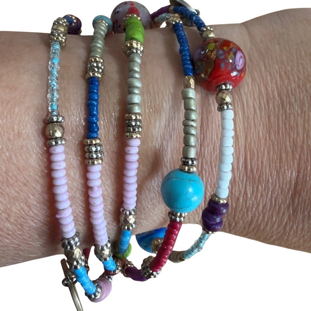 Boho Multi Strand Beaded Wrap Bracelet  Coin Charms Rainbow Eclectic Stack